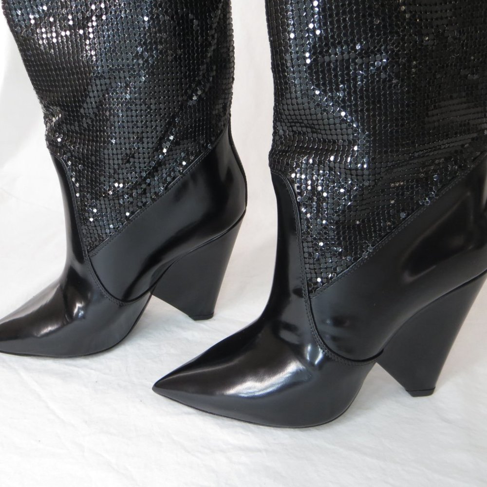 Saint Laurent Niki 100mm Chainmail Mid-calf Leather Boots Size 6, 36